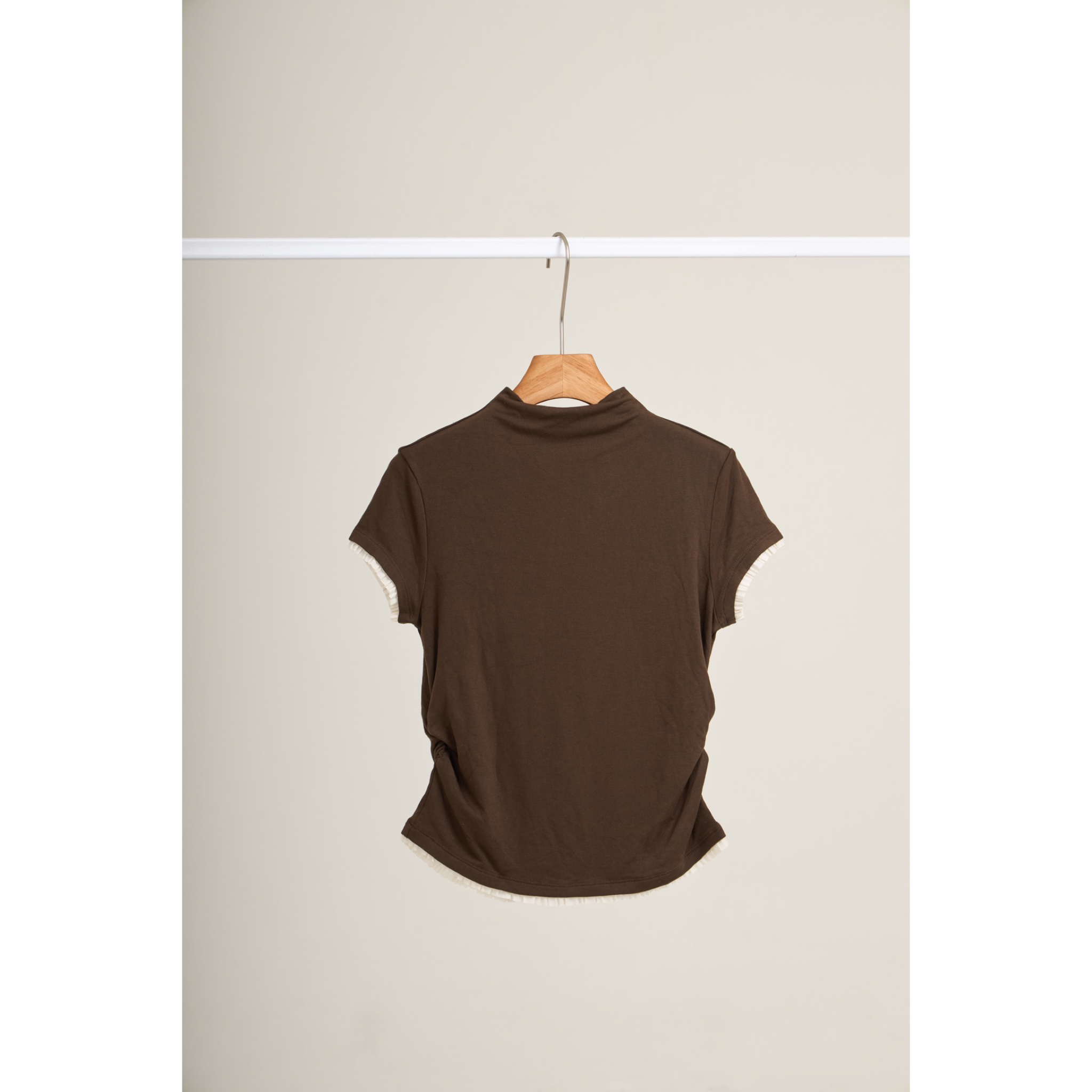 Pleated Trim Turtleneck Top – Brown