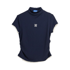 Pleated Trim Turtleneck Top – Navy
