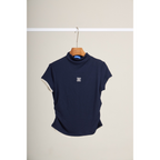 Pleated Trim Turtleneck Top – Navy