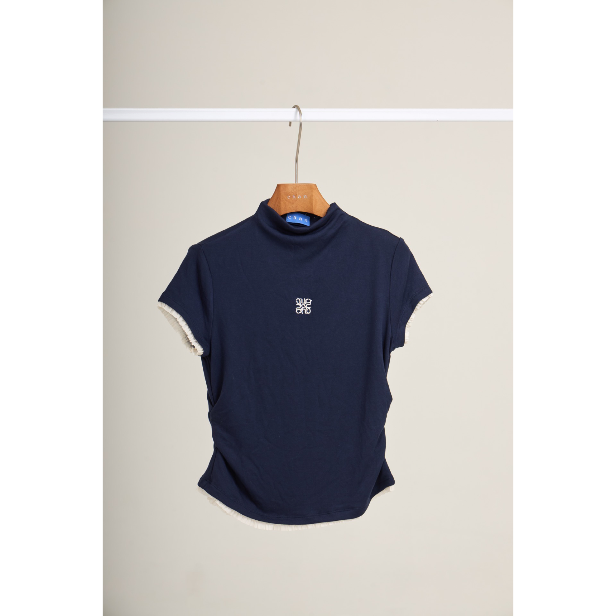 Pleated Trim Turtleneck Top – Navy