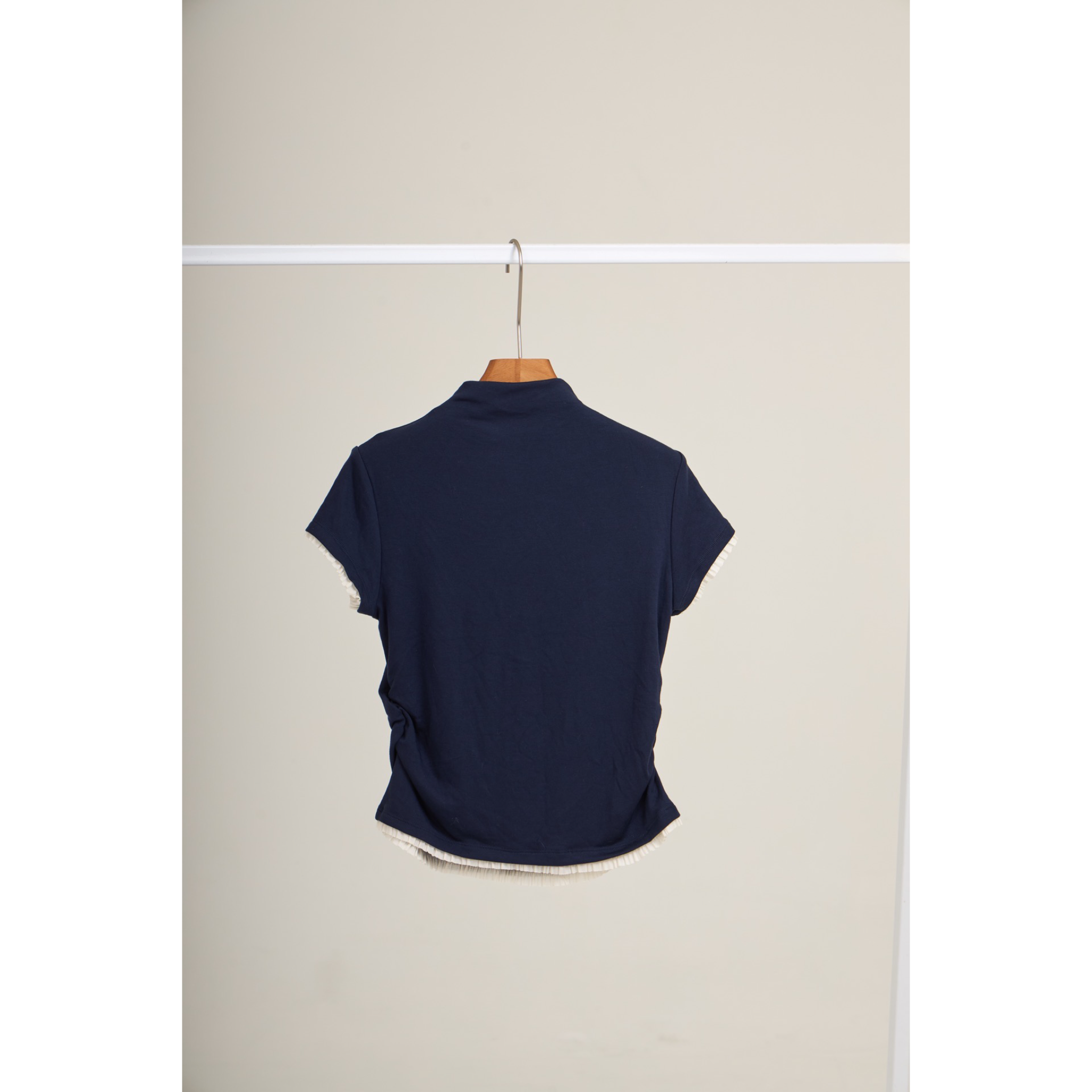 Pleated Trim Turtleneck Top – Navy