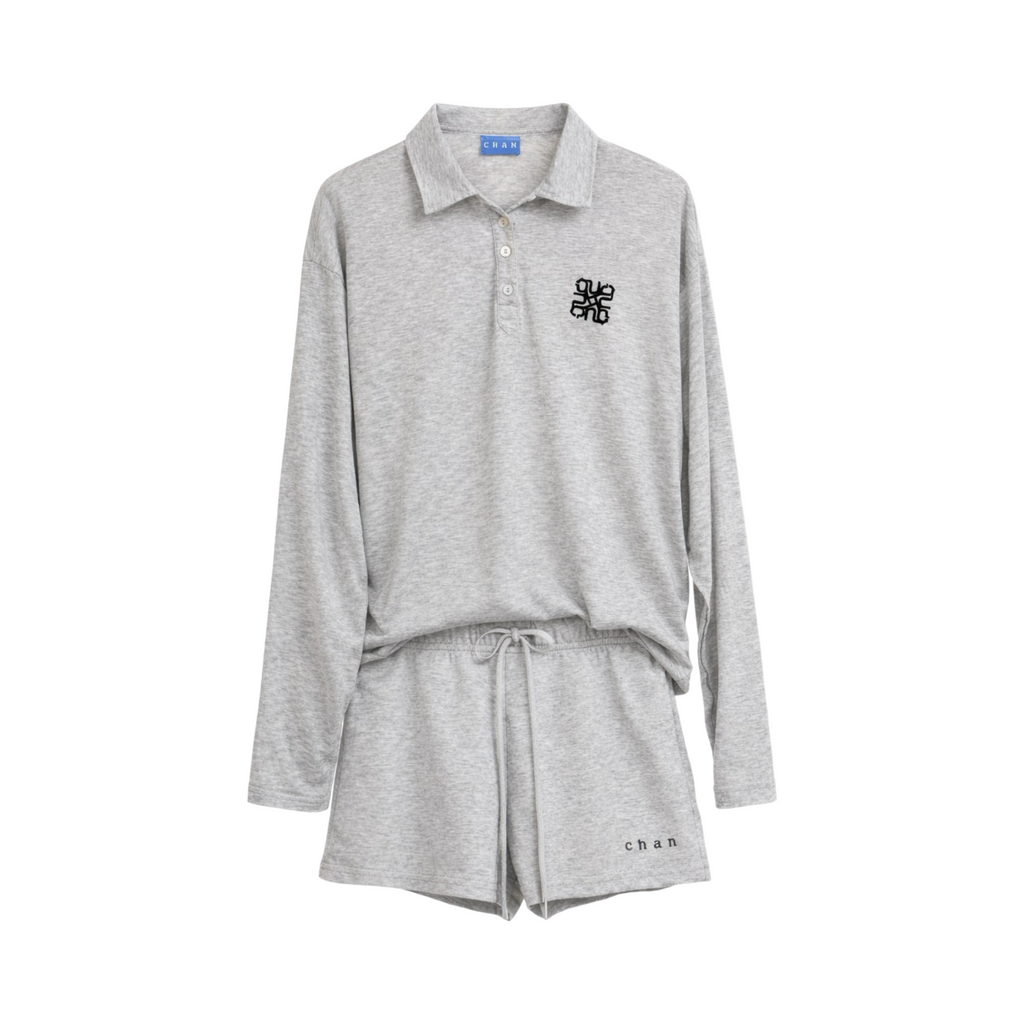 Long Sleeve Polo & Shorts Set  – Light Grey