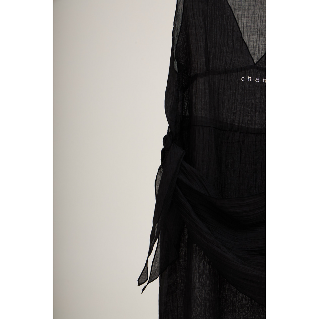 V-Neck Sheer Sash Mini Dress – Black