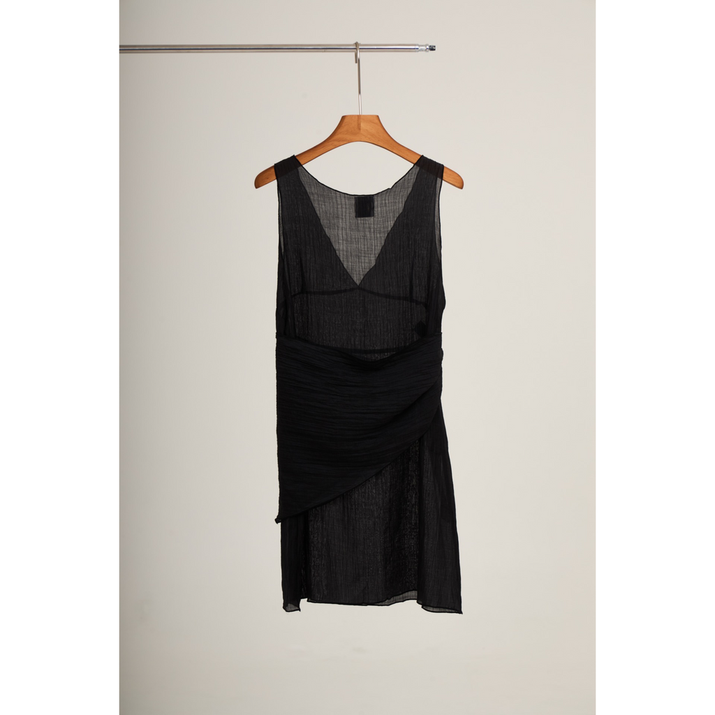 V-Neck Sheer Sash Mini Dress – Black