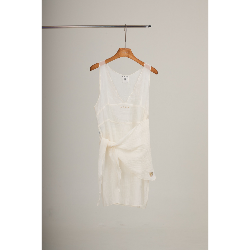 V-Neck Sheer Sash Mini Dress – White