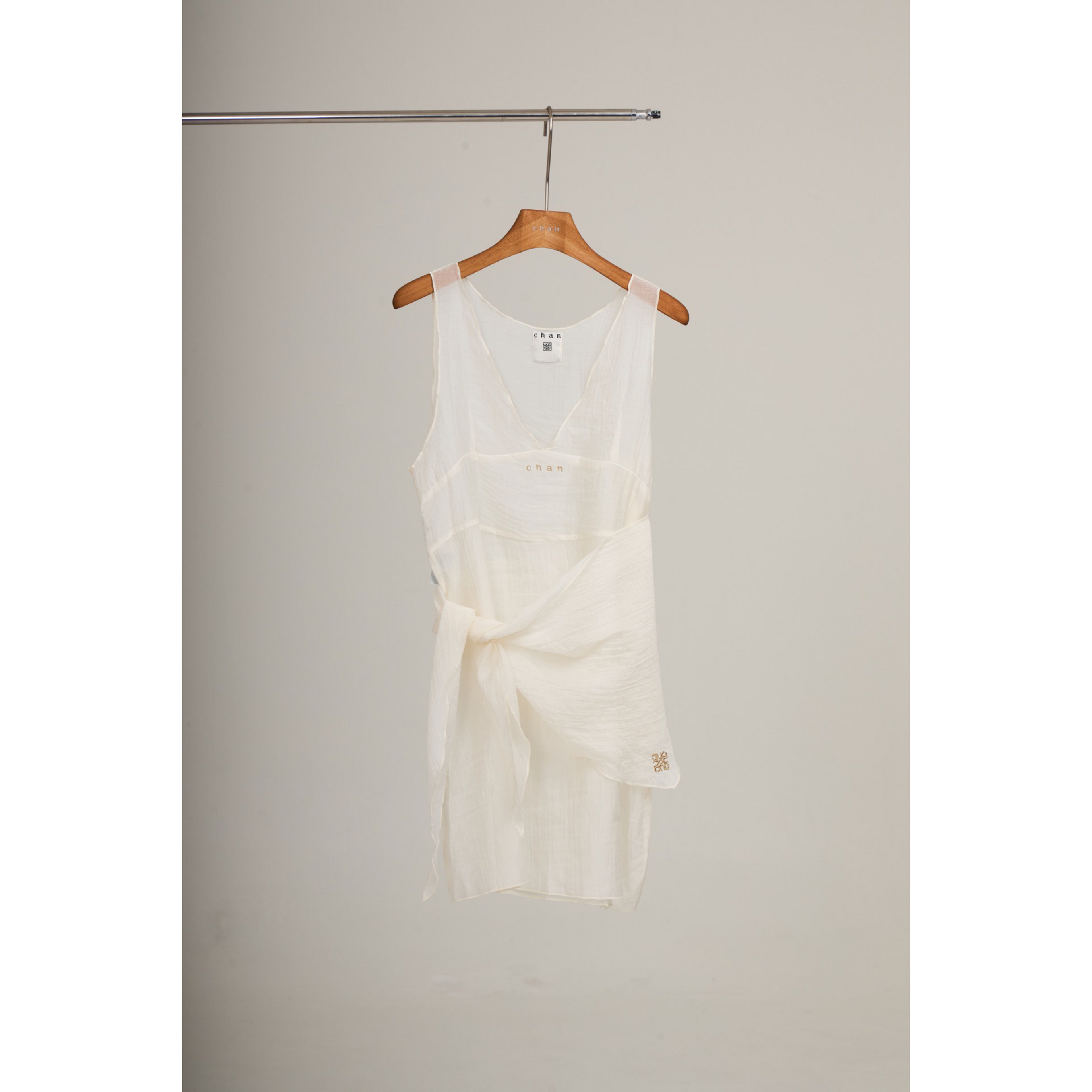 V-Neck Sheer Sash Mini Dress – White