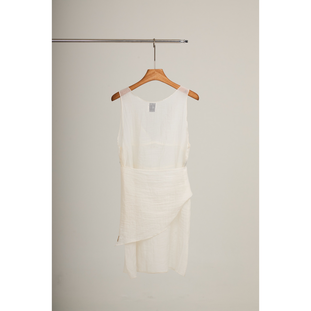 V-Neck Sheer Sash Mini Dress – White