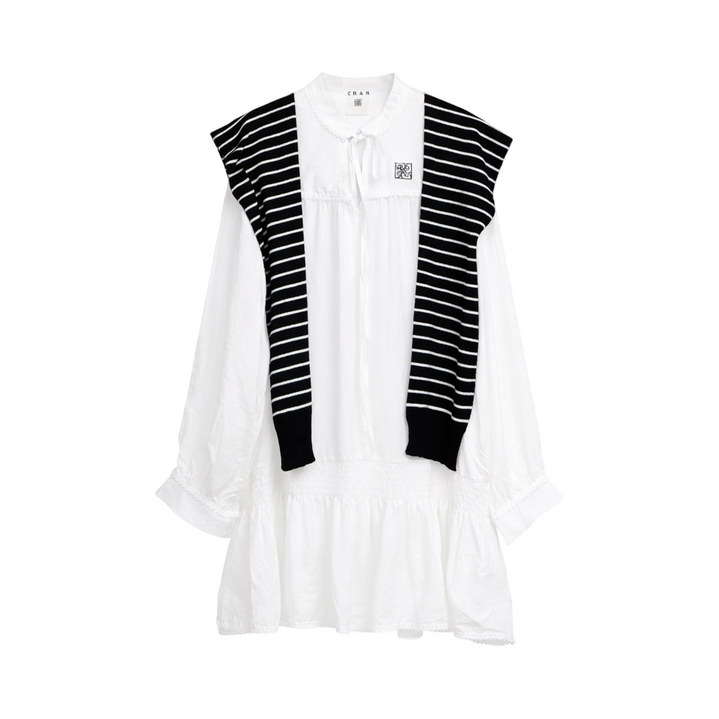 Striped Shawl Collar Tunic Dress – White Black