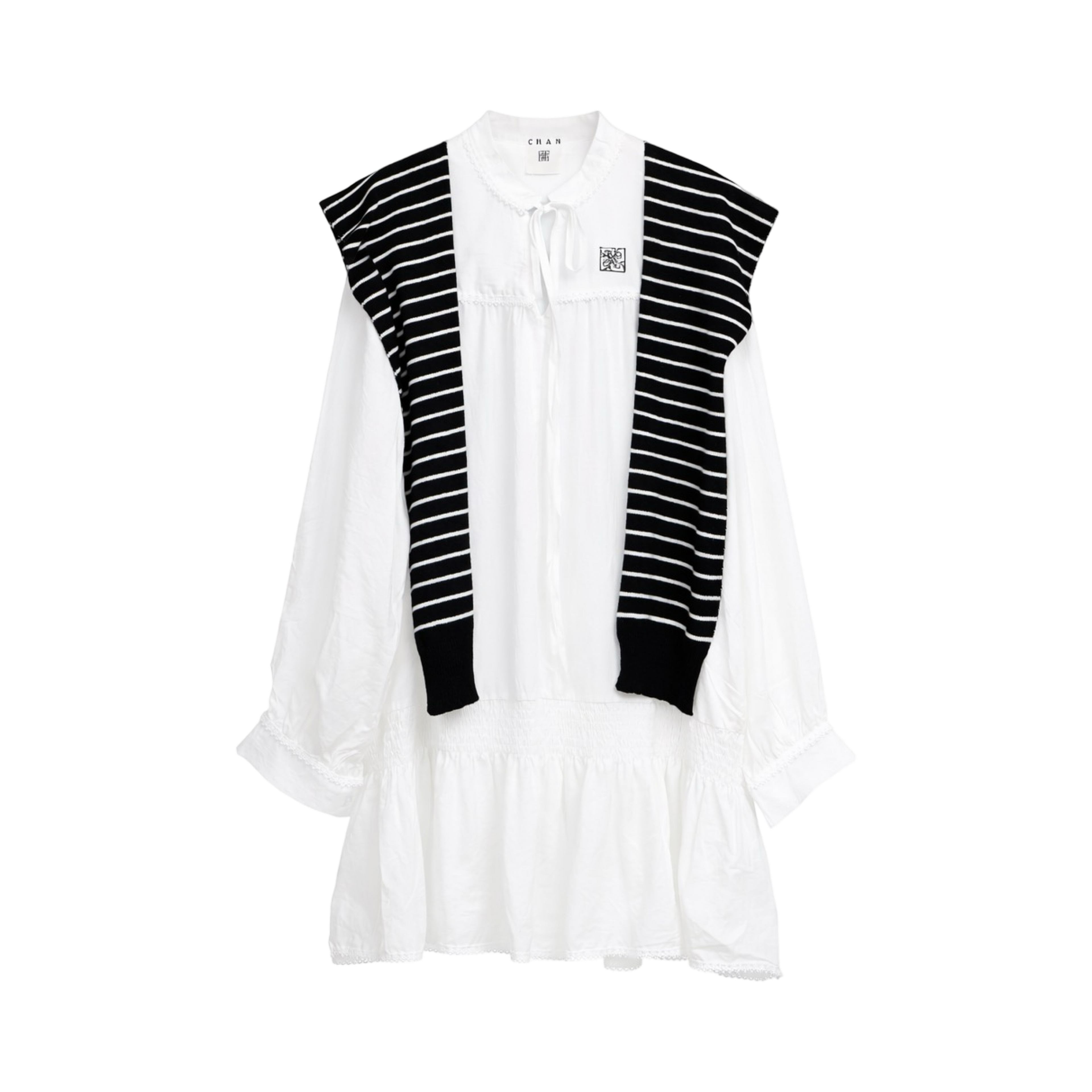 Striped Shawl Collar Tunic Dress – White Black