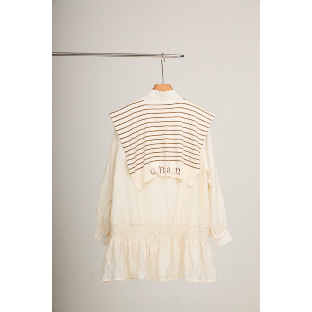 Striped Shawl Collar Tunic Dress – Beige