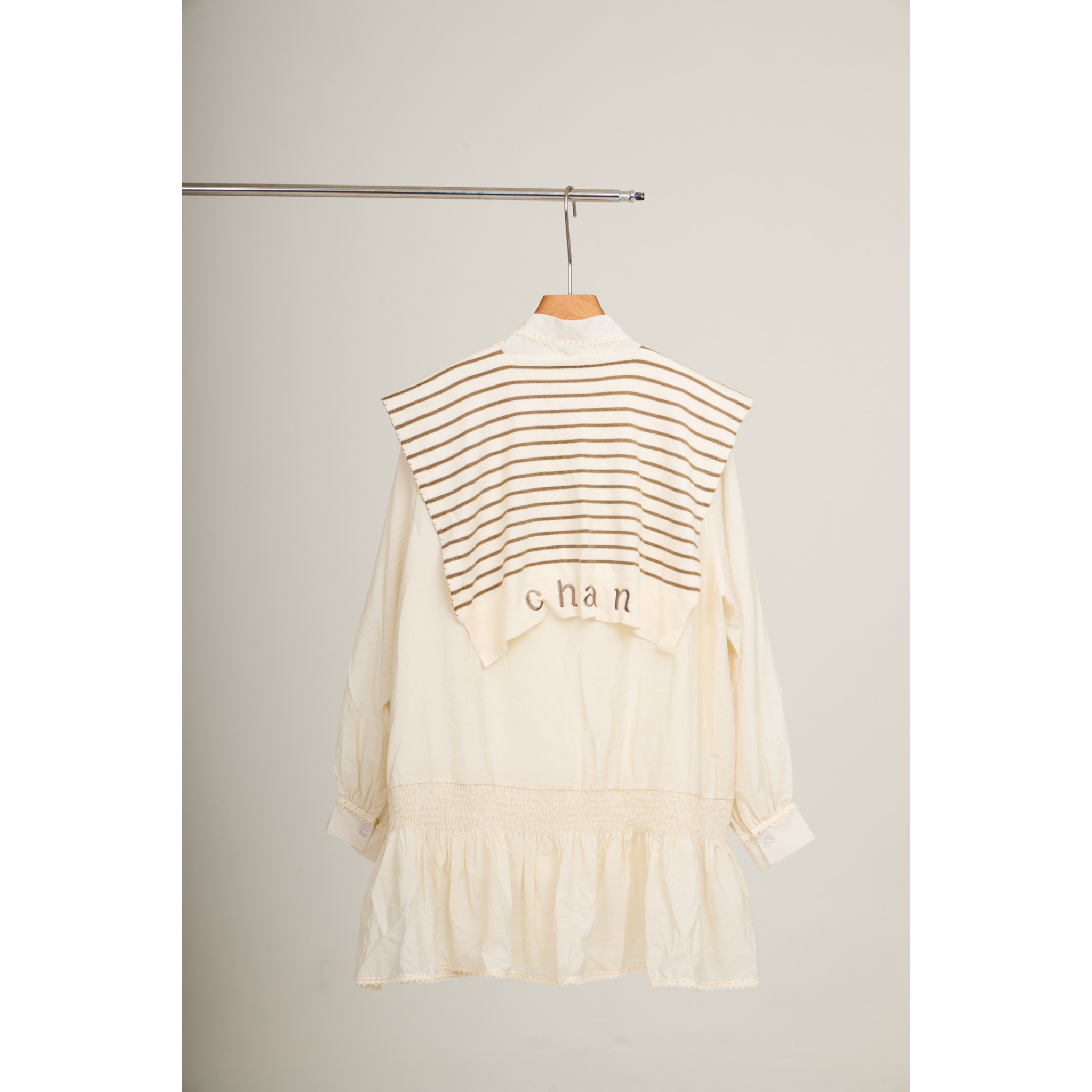 Striped Shawl Collar Tunic Dress – Beige
