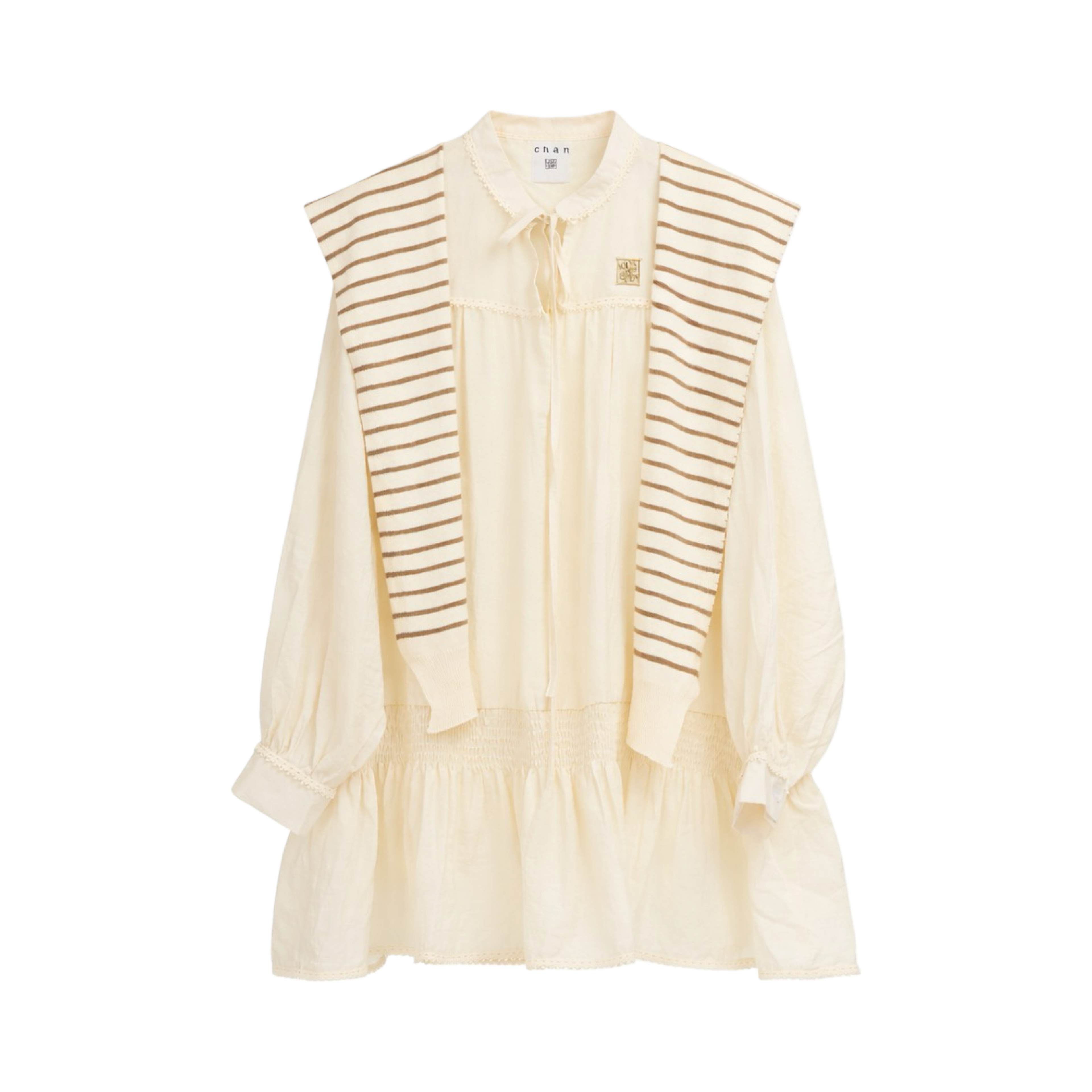 Striped Shawl Collar Tunic Dress – Beige