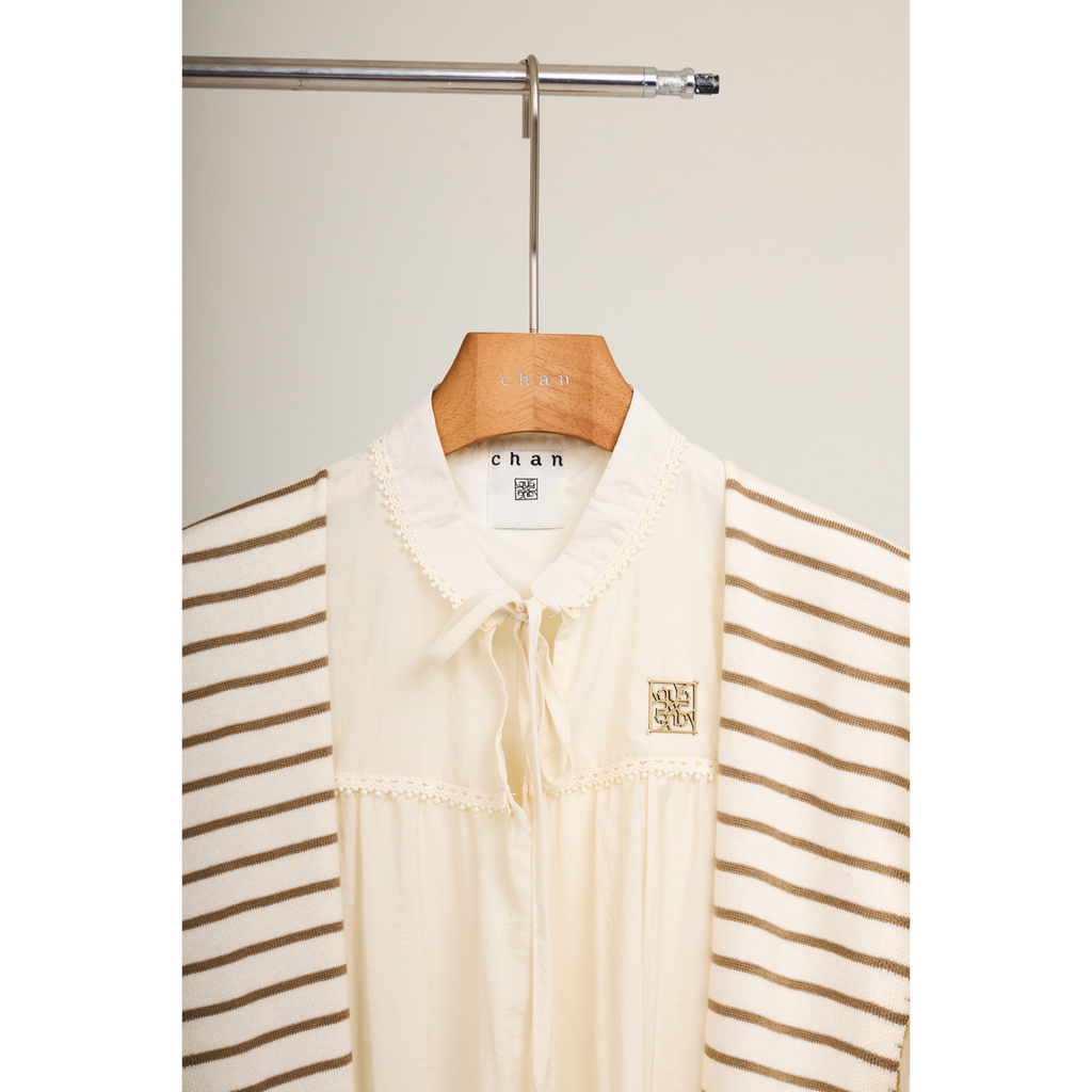 Striped Shawl Collar Tunic Dress – Beige