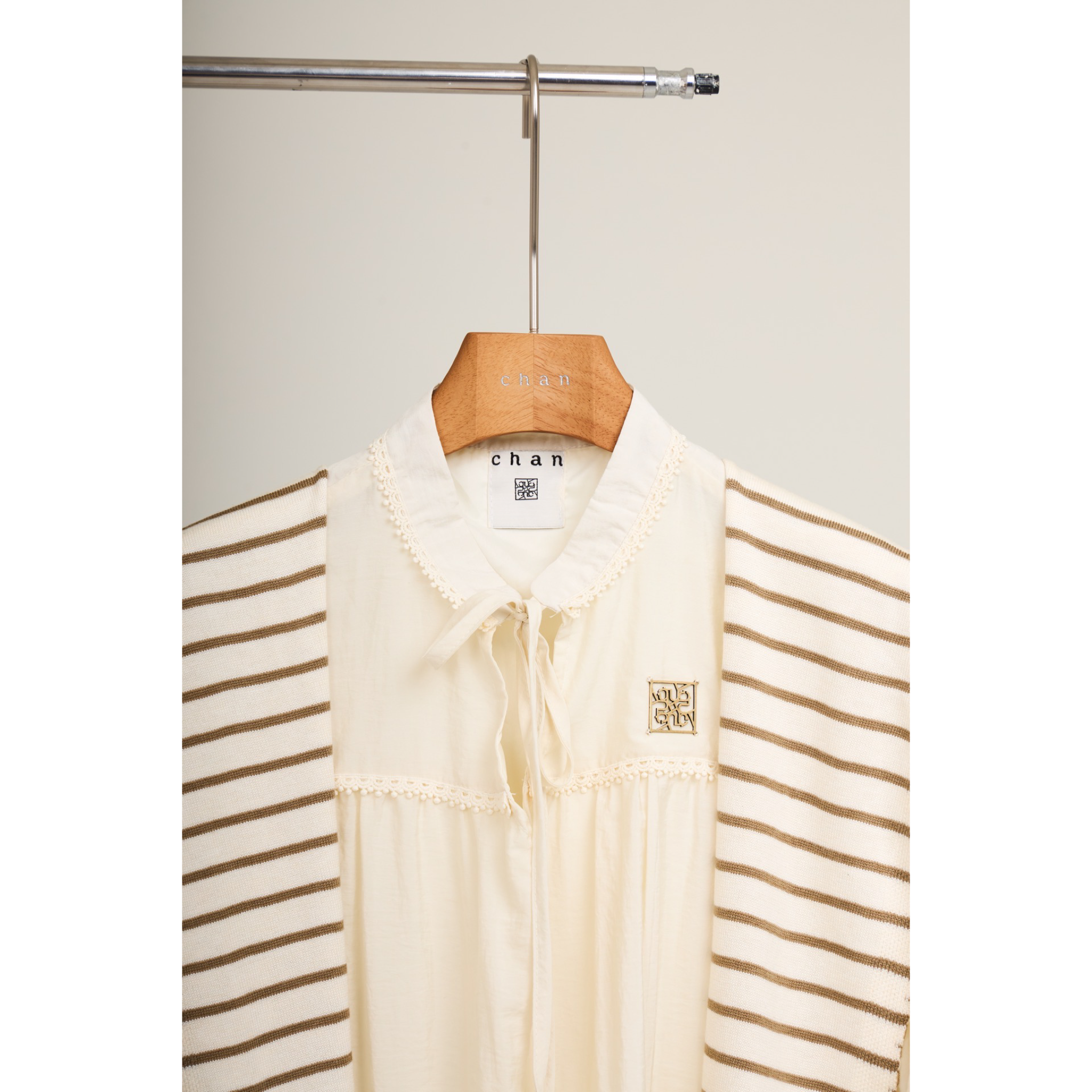 Striped Shawl Collar Tunic Dress – Beige