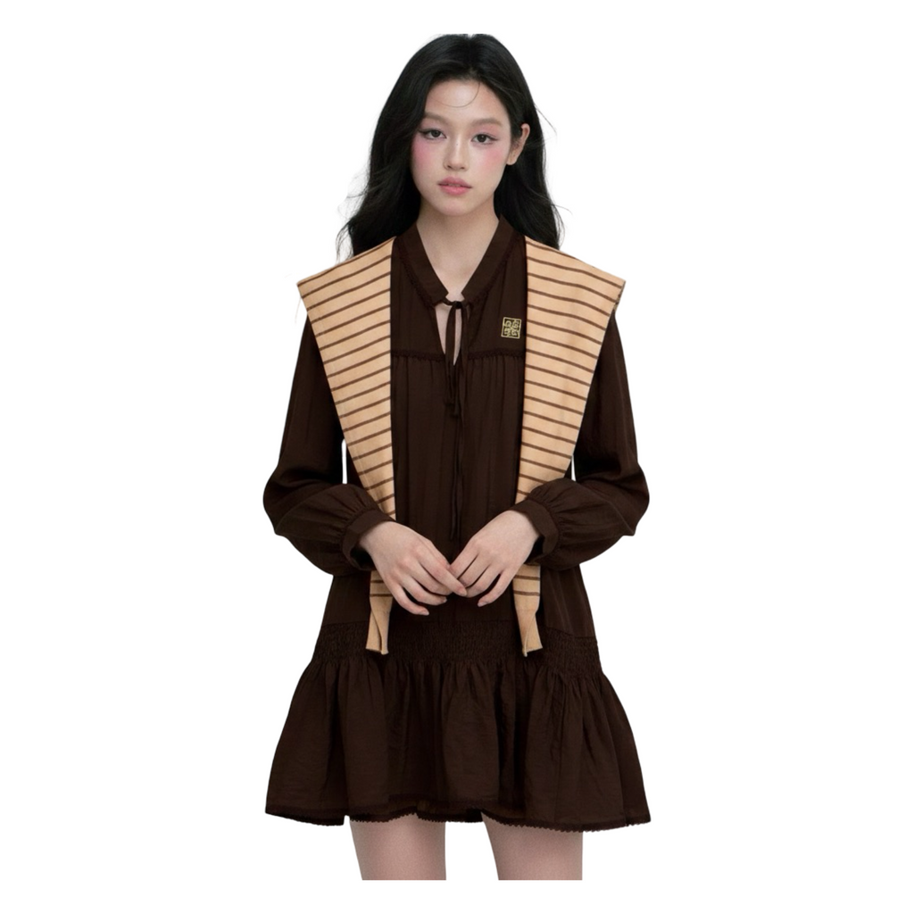 Striped Shawl Collar Tunic Dress – Brown