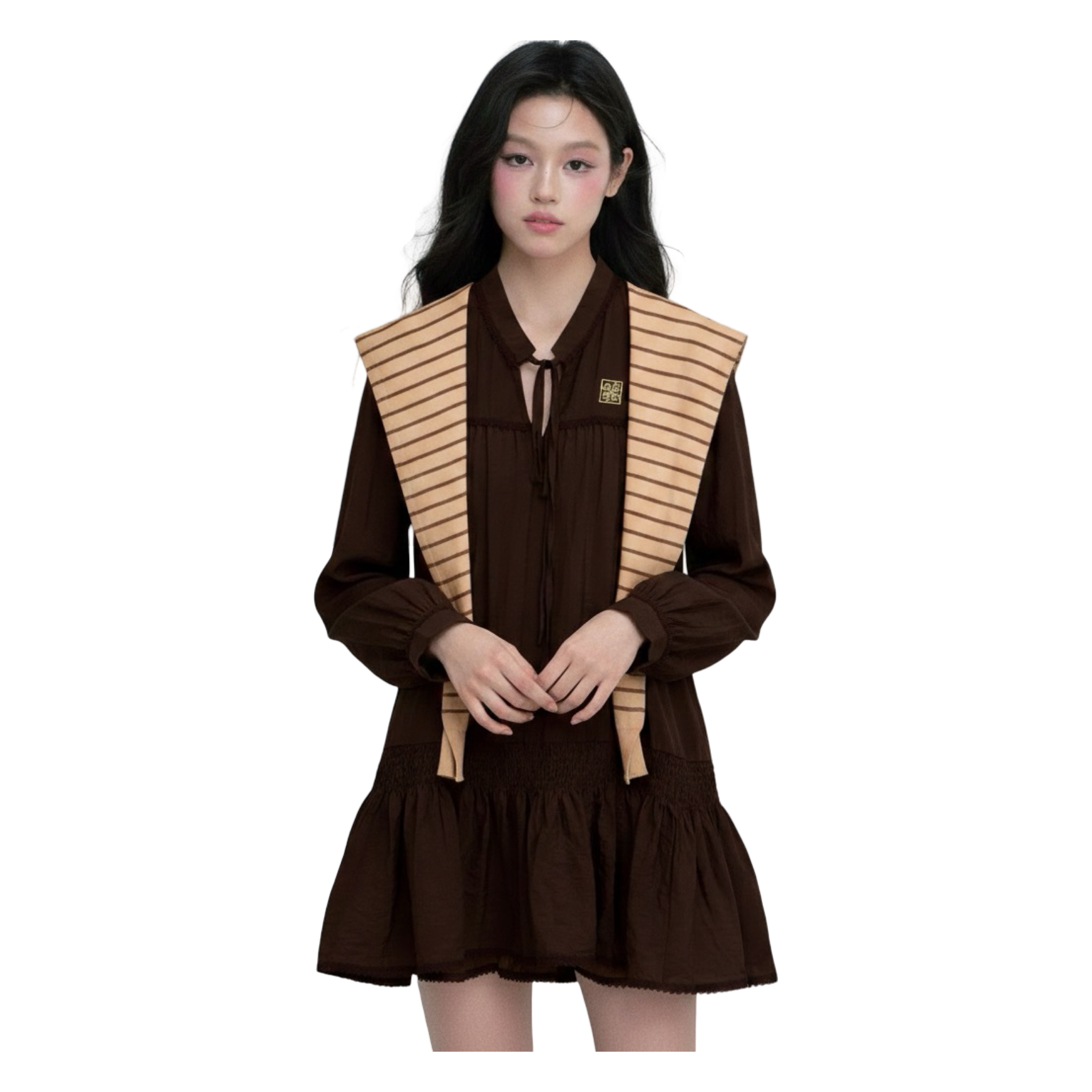 Striped Shawl Collar Tunic Dress – Brown