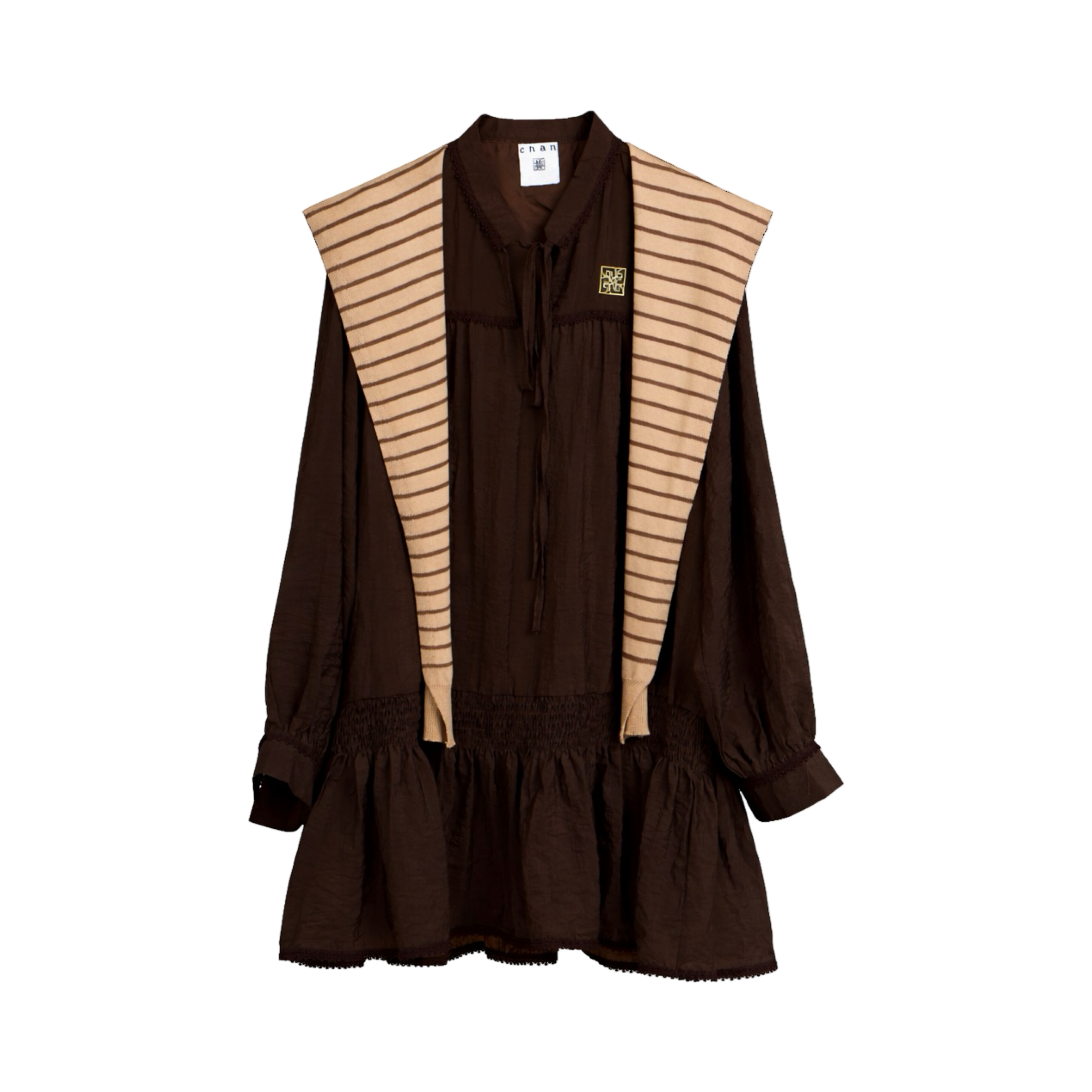Striped Shawl Collar Tunic Dress – Brown