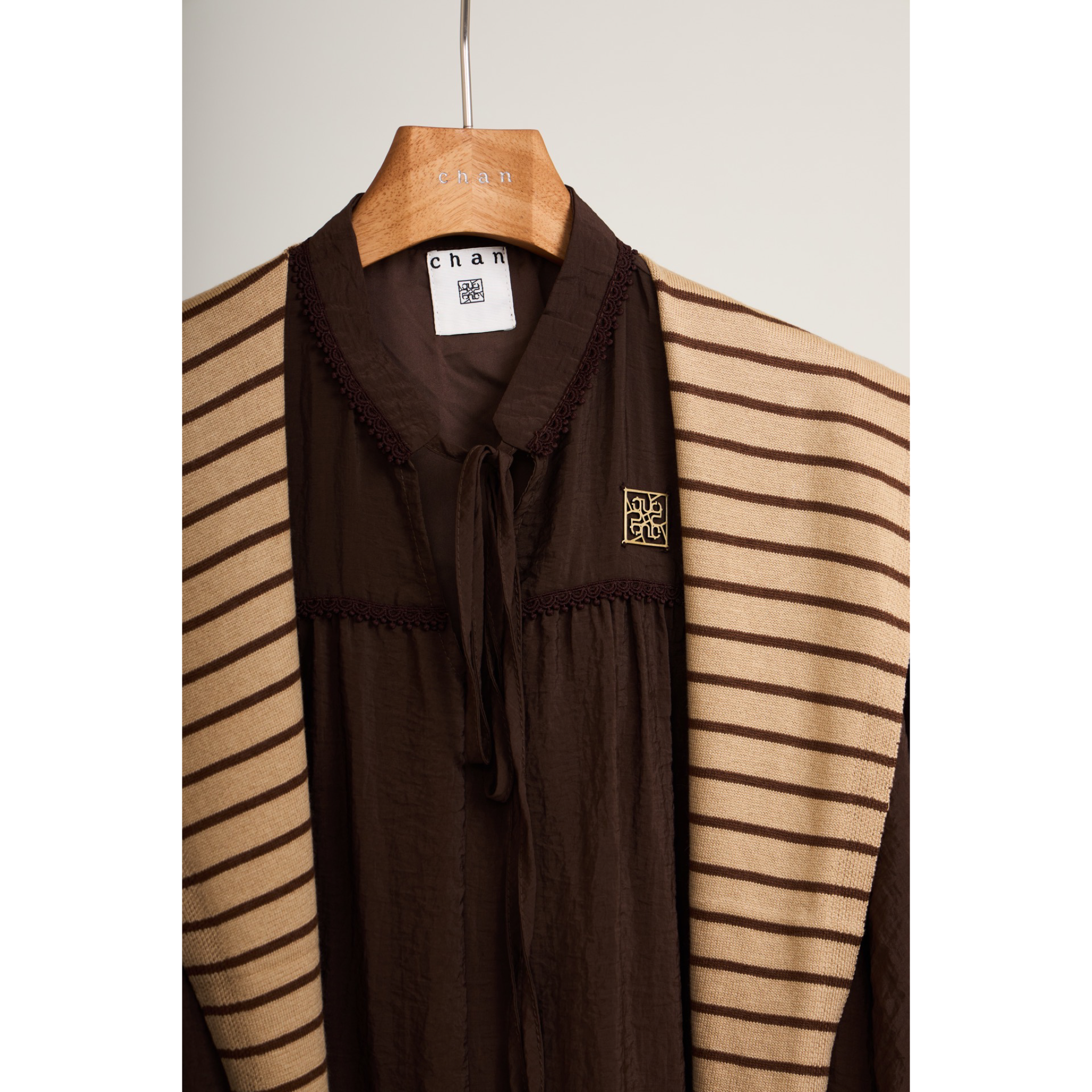 Striped Shawl Collar Tunic Dress – Brown