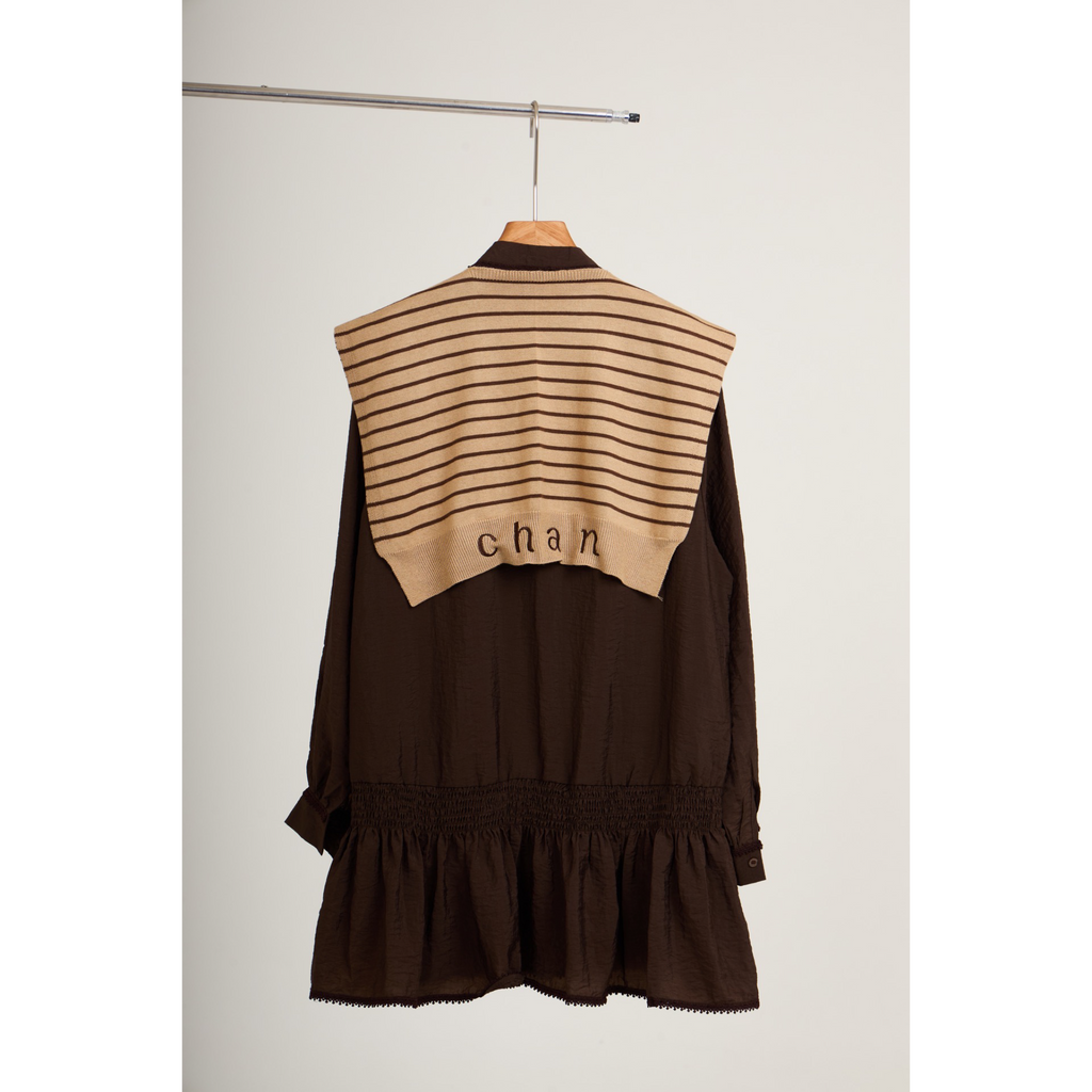 Striped Shawl Collar Tunic Dress – Brown