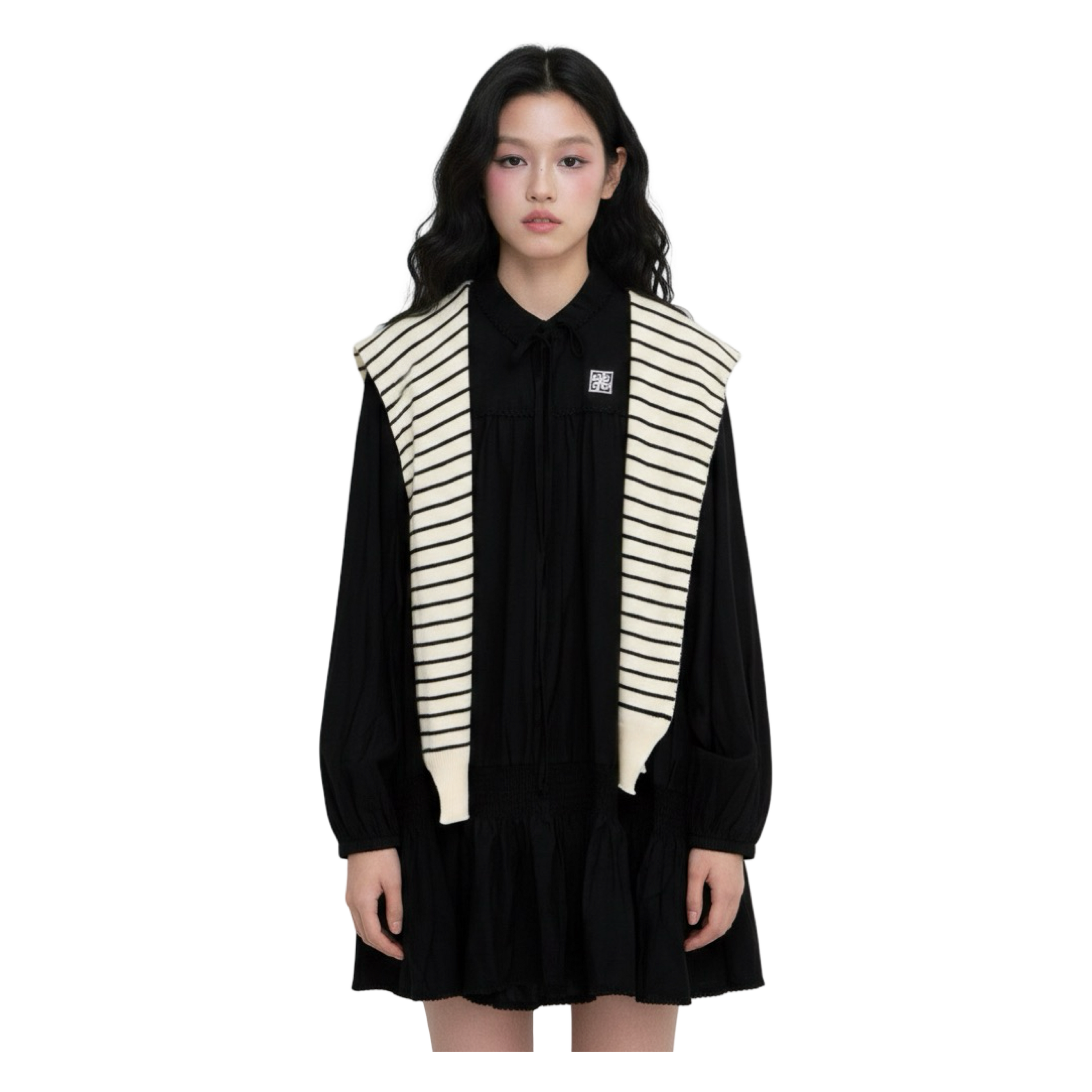 Striped Shawl Collar Tunic Dress – Black White