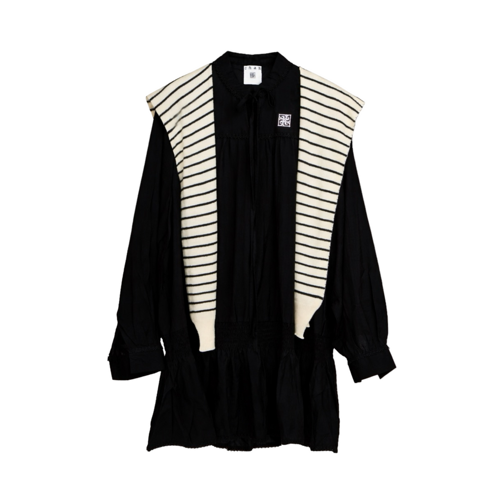 Striped Shawl Collar Tunic Dress – Black White