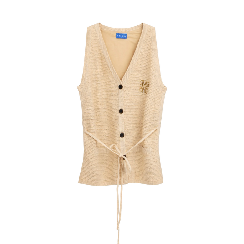 Knit V-Neck Tie Vest – Beige