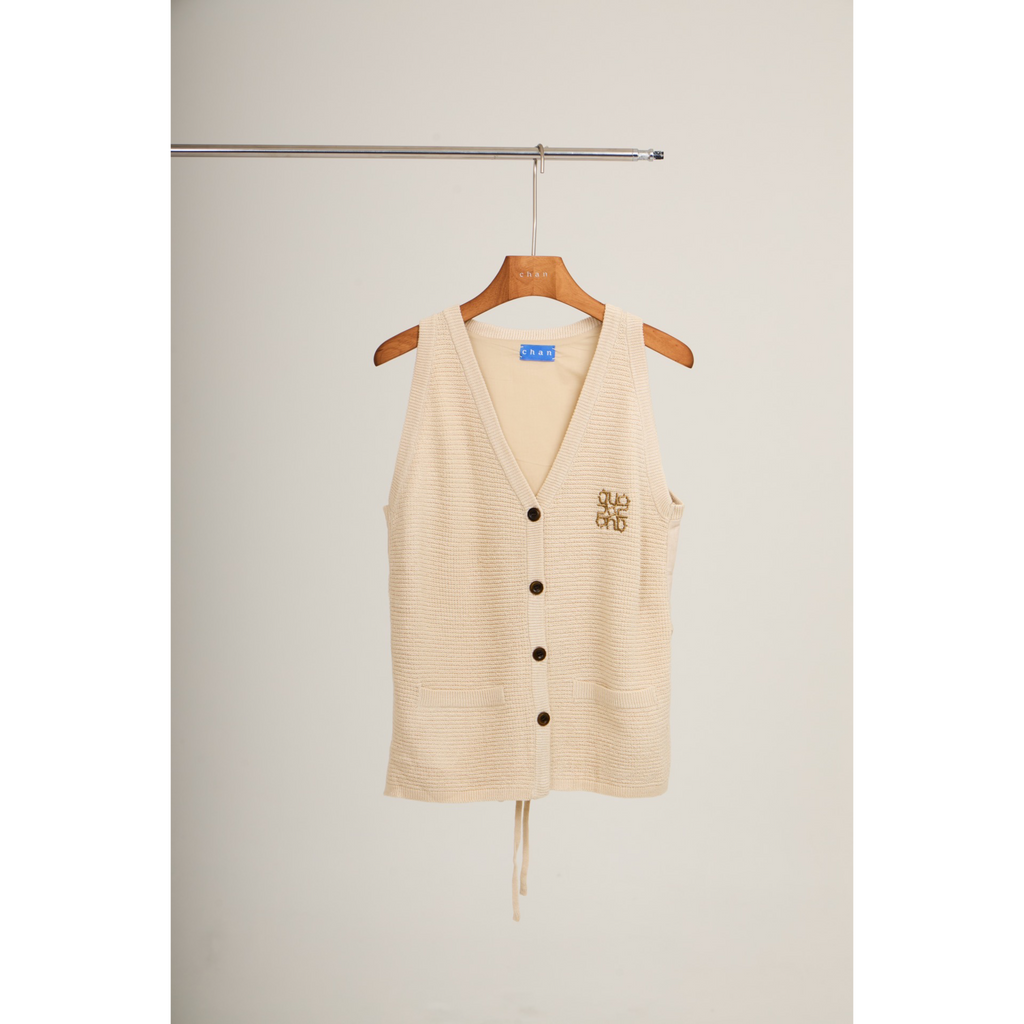 Knit V-Neck Tie Vest – Beige