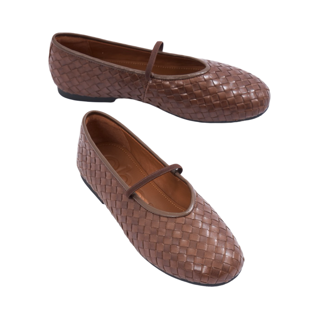 Chan Journey – Florence Handmade Woven Calfskin Flats – Chestnut