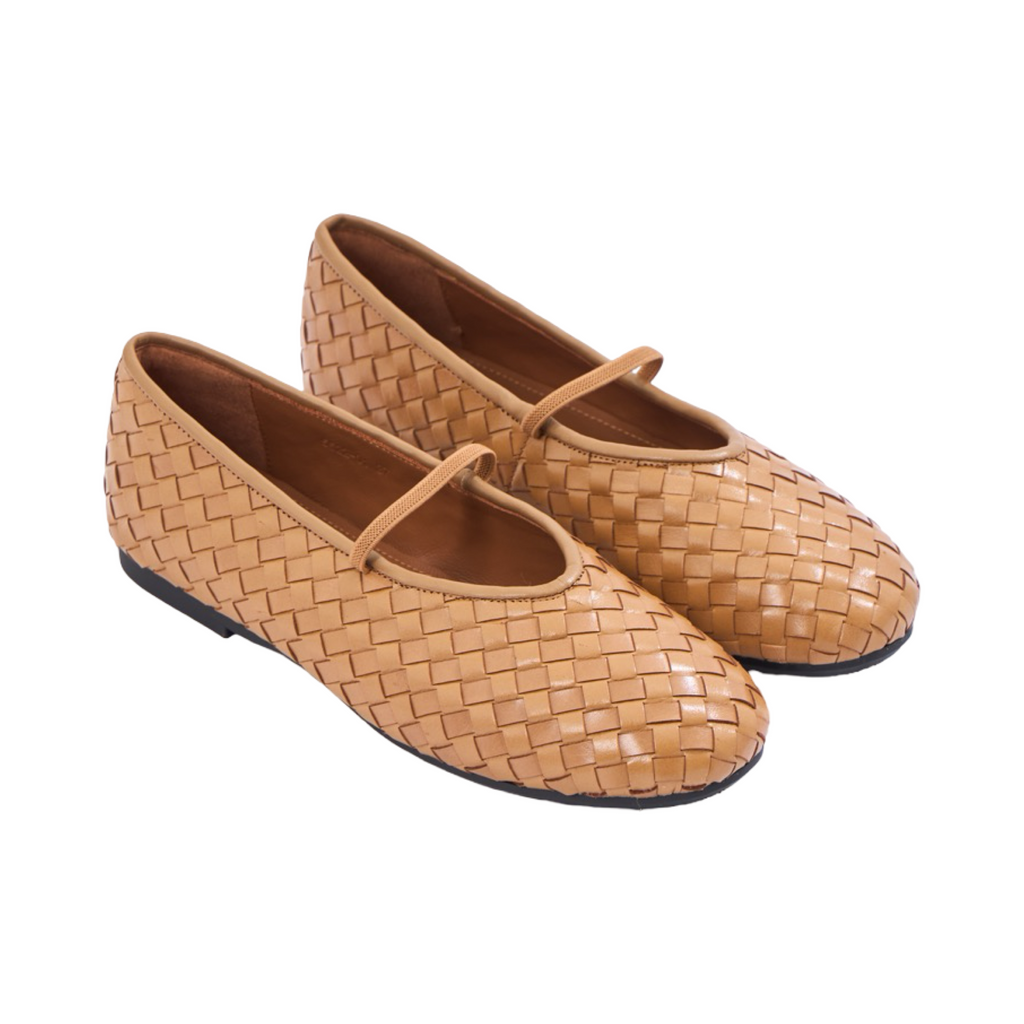 Chan Journey – Florence Handmade Woven Calfskin Flats – Milk Tea