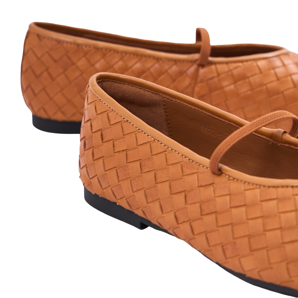 Chan Journey – Florence Handmade Woven Calfskin Flats – Camel