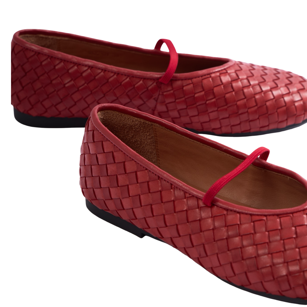 Chan Journey – Florence Handmade Woven Calfskin Flats – Ruby