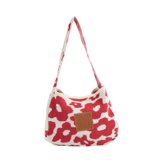 Floral Knitted Tote Bag - Red