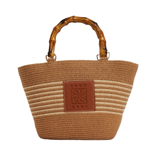Straw Bag With Wood Handle - Brown