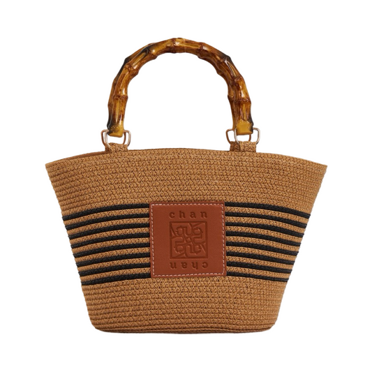 Straw Bag With Wood Handle - Black