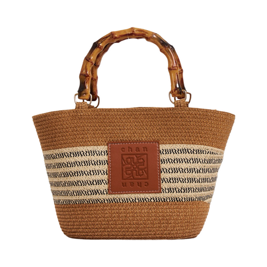 Straw Bag With Wood Handle - Brown