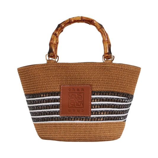Straw Bag With Wood Handle - Black