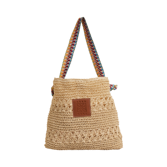 Straw Bag With Rainbow Strap - Beige