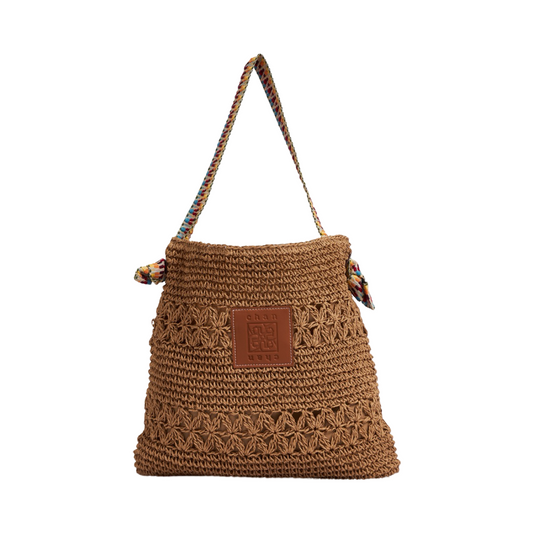 Straw Bag With Rainbow Strap - Brown