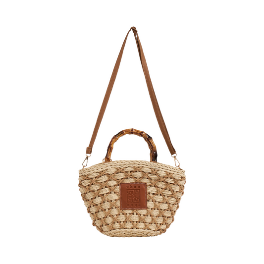 Straw Bag With Wood Handle - Beige