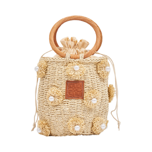 Straw Mini Bag With Wood Handle - Beige