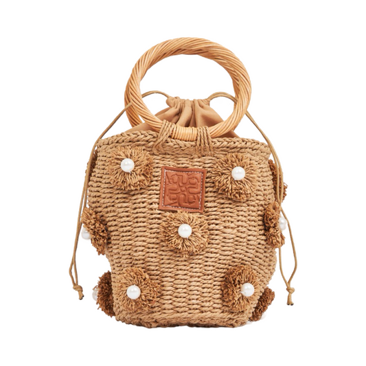 Straw Mini Bag With Wood Handle - Brown