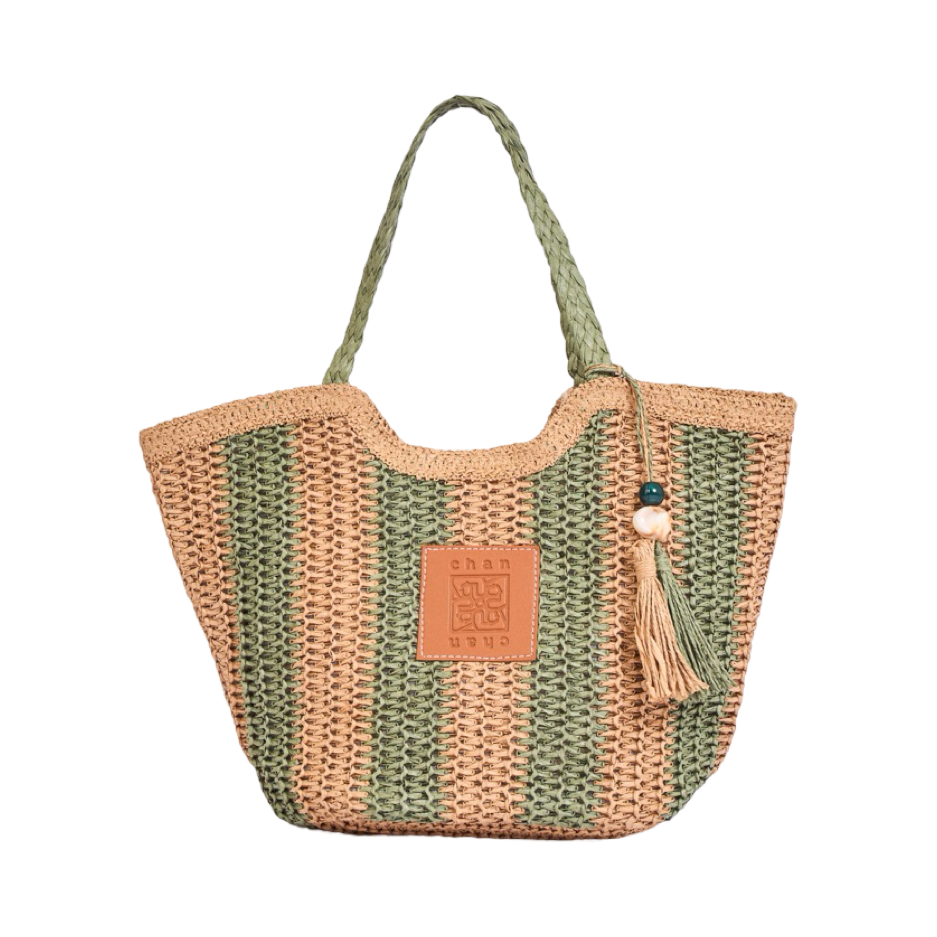 Straw Strip Tote Bag - Brown Green