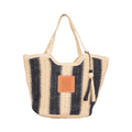 Straw Strip Tote Bag - Beige Black