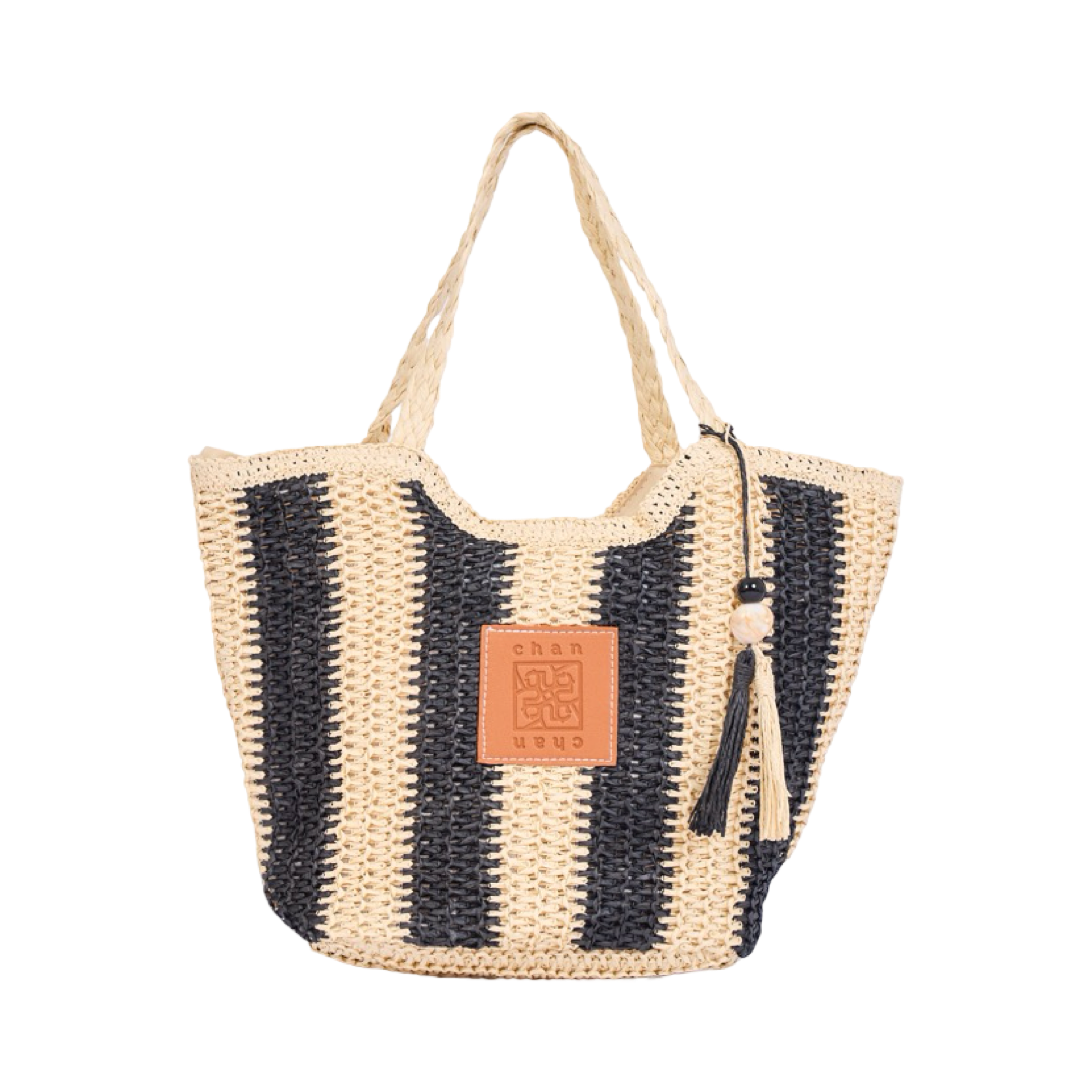 Straw Strip Tote Bag - Beige Black