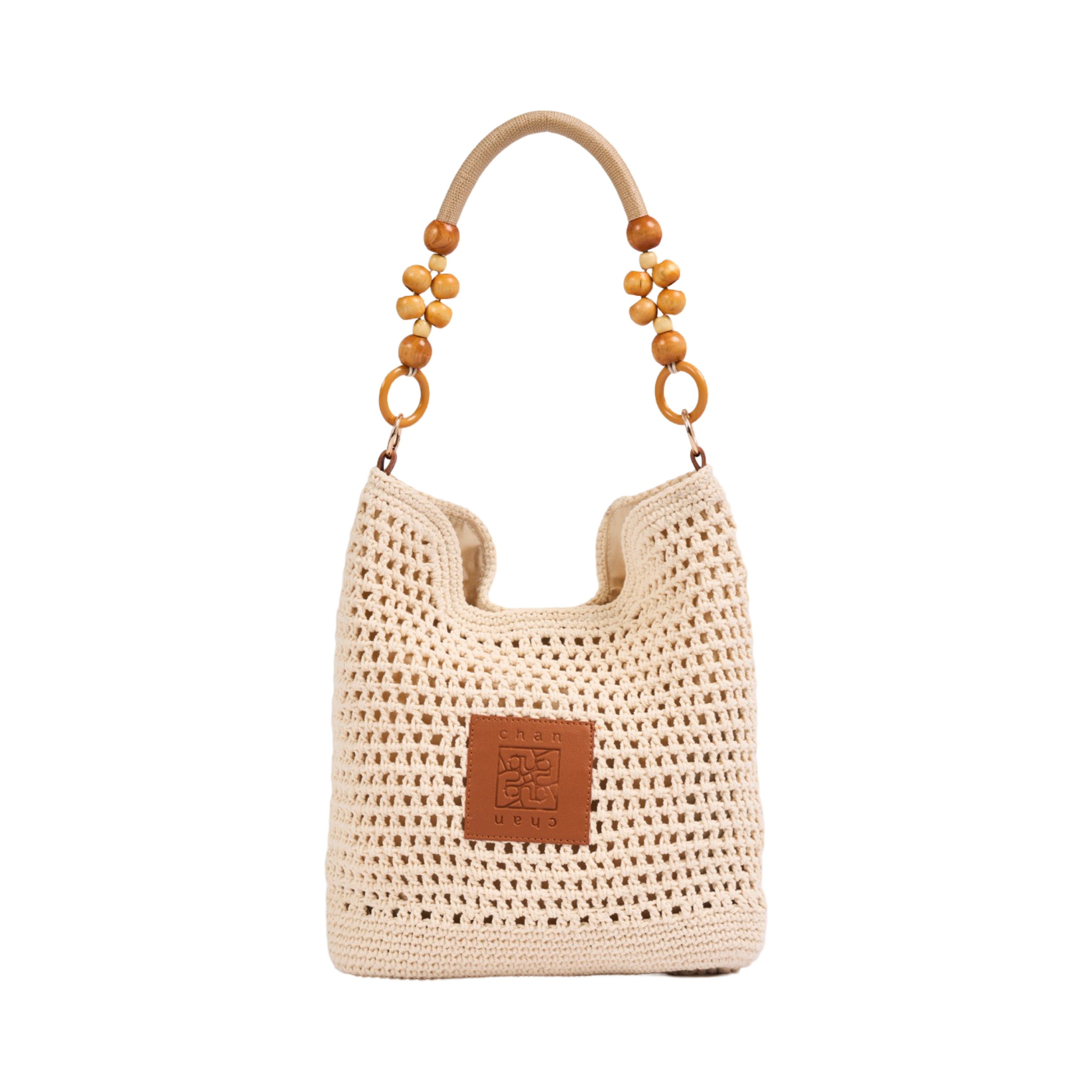Knitted Shoulder Bag With Wood Handle - Beige