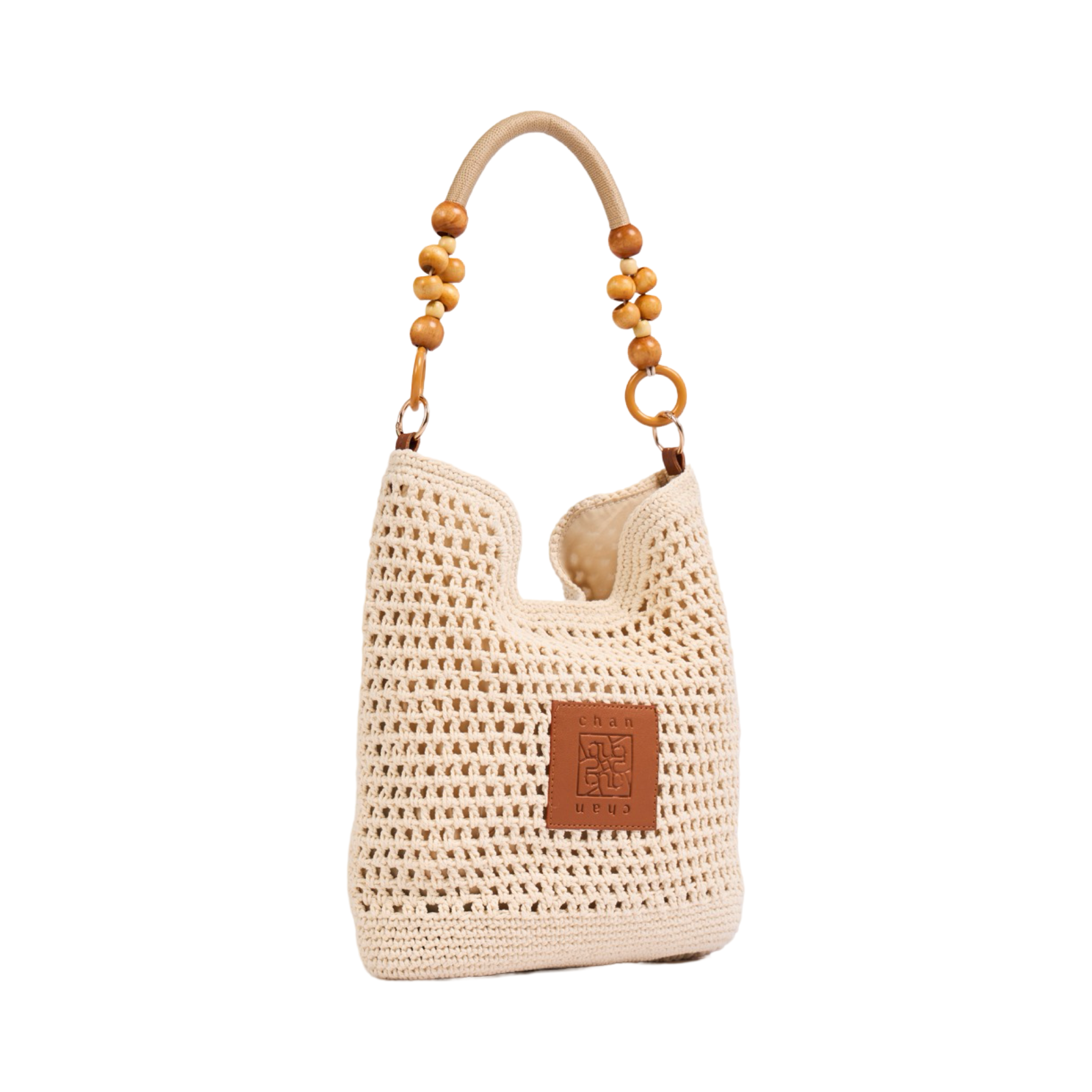 Knitted Shoulder Bag With Wood Handle - Beige