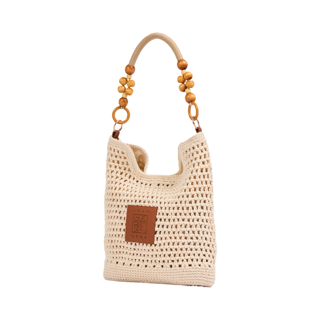 Knitted Shoulder Bag With Wood Handle - Beige