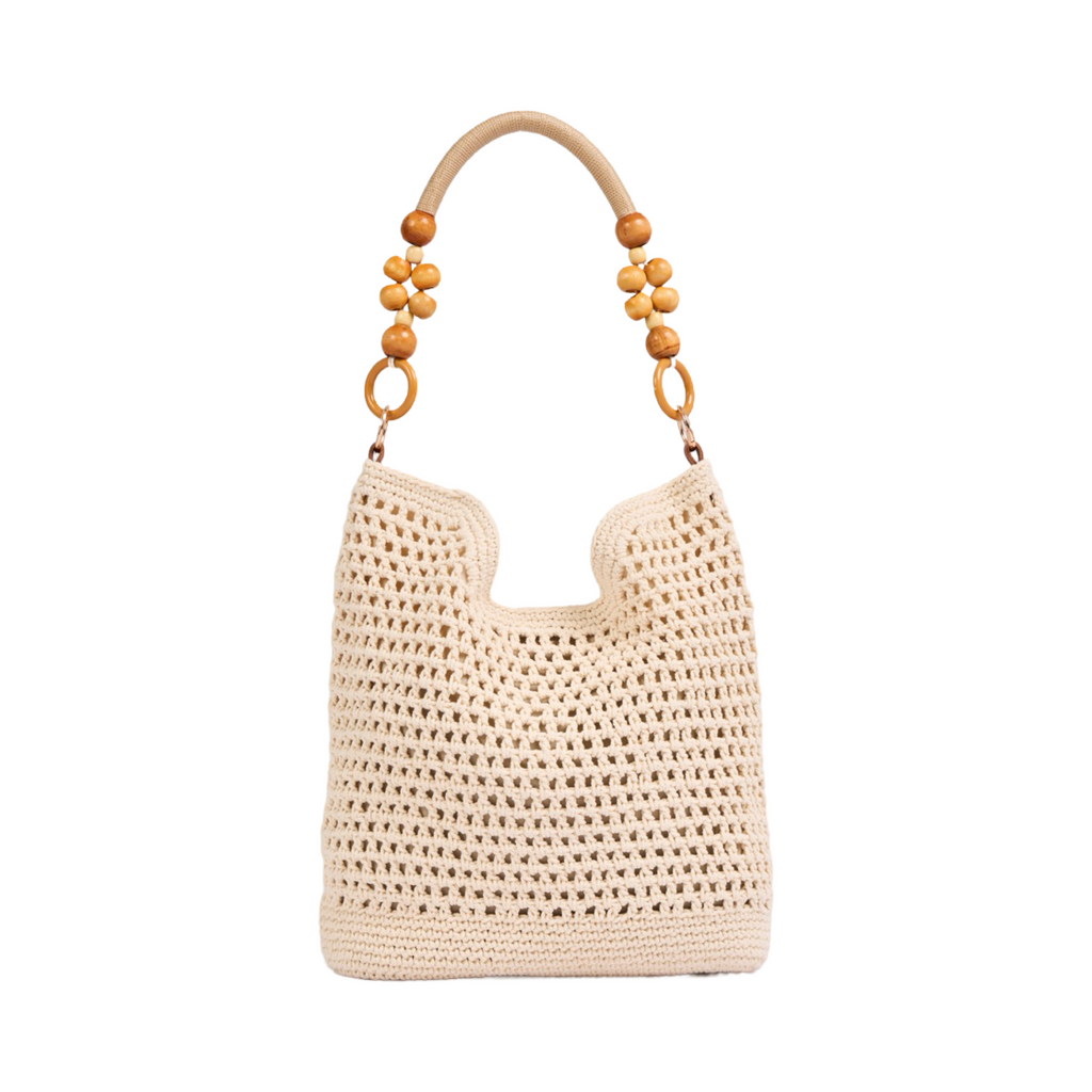 Knitted Shoulder Bag With Wood Handle - Beige
