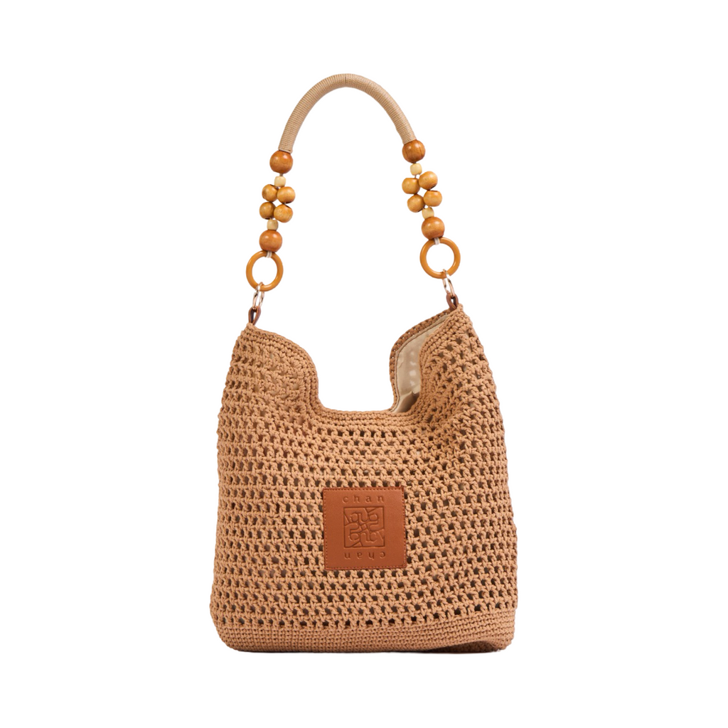 Knitted Shoulder Bag With Wood Handle - Brown