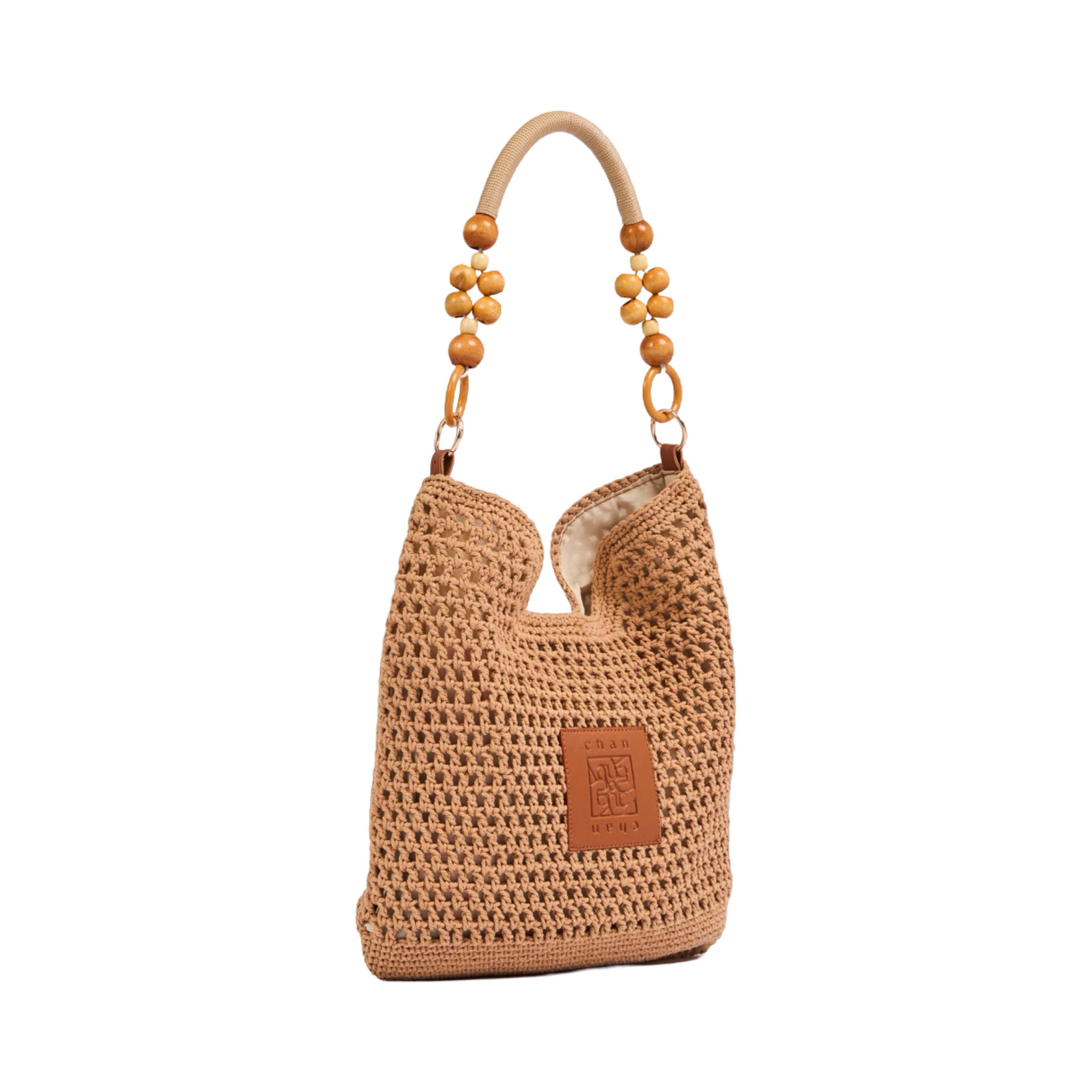 Knitted Shoulder Bag With Wood Handle - Brown